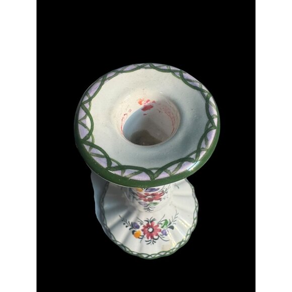 Vintage Portugal Candlestick Taper Holder Hand Painted Floral 7” Signed - Picture 5 of 7